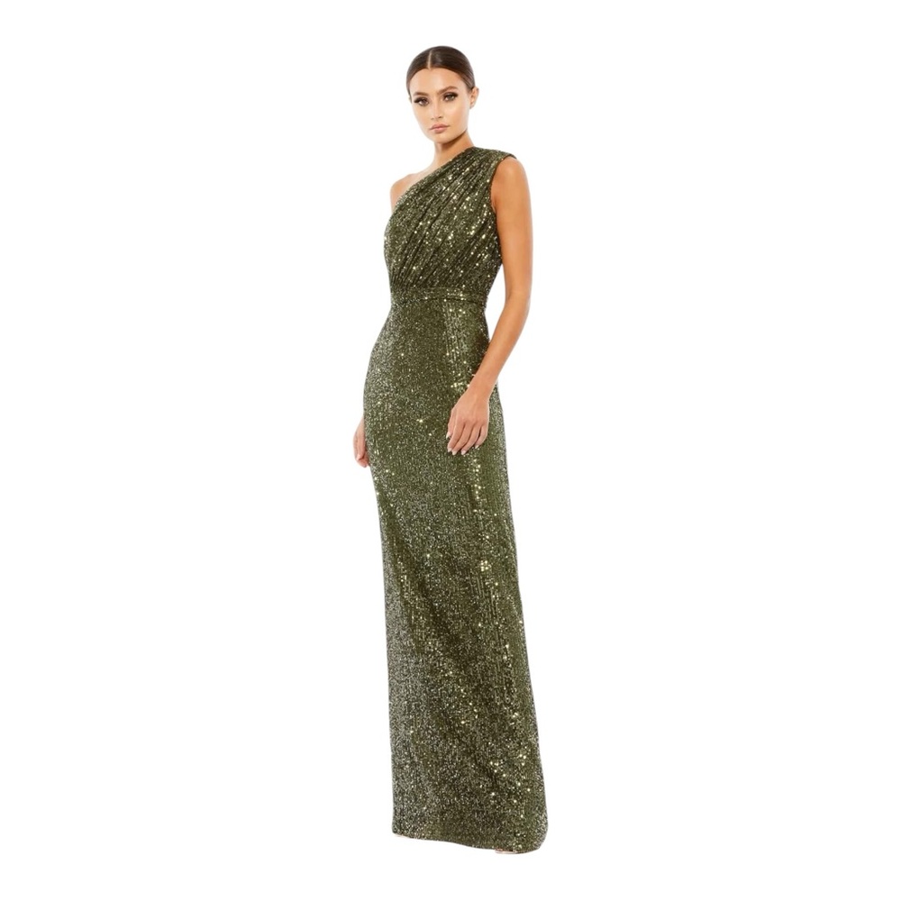 One Shoulder Sequin Gown - Olive